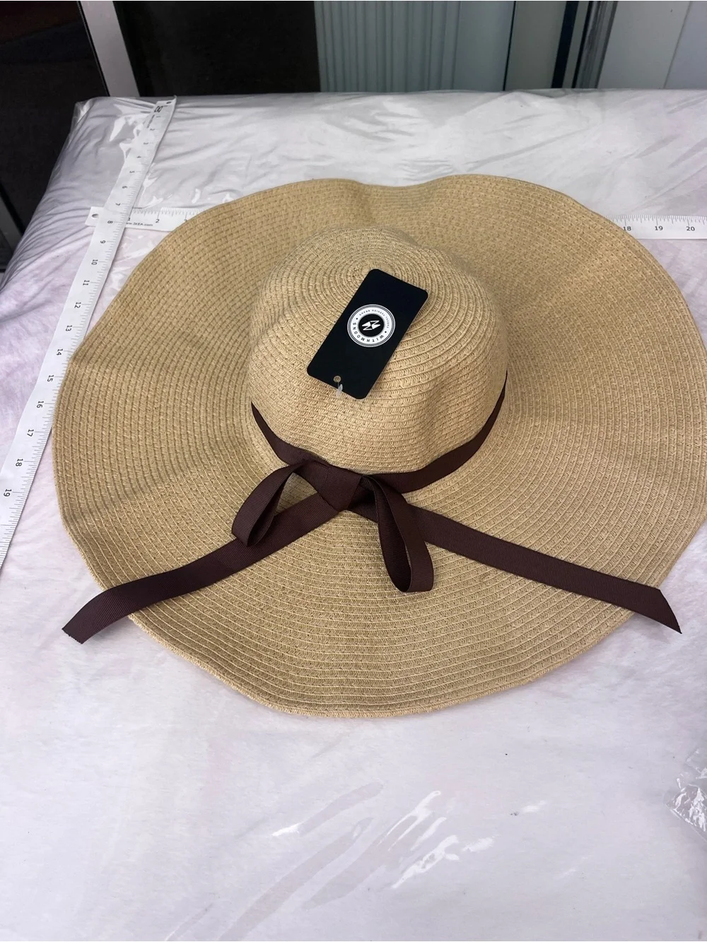 Wide Brim Straw Sun Hat with Brown Ribbon Foldable